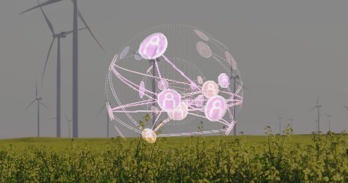 Video verticale: All'inizio della scena, un globo olografico si innalza sopra il raccolto, mappando una rete di energia rinnovabile.