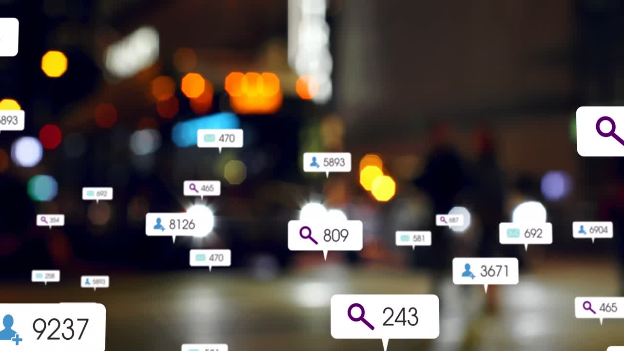 Animation of social media icons and numbers over out of focus city and traffic lights