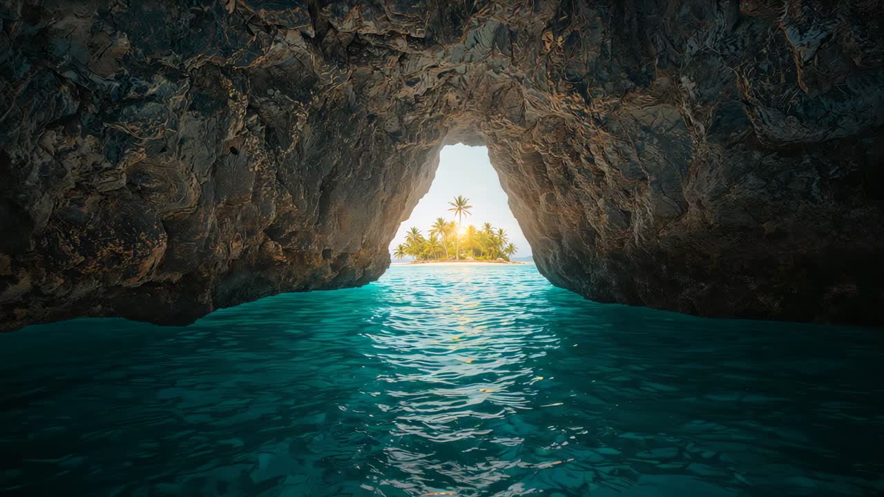 Advancing camera revealing cave mouth framed by rock walls to reveal turquoise sea and palm islet