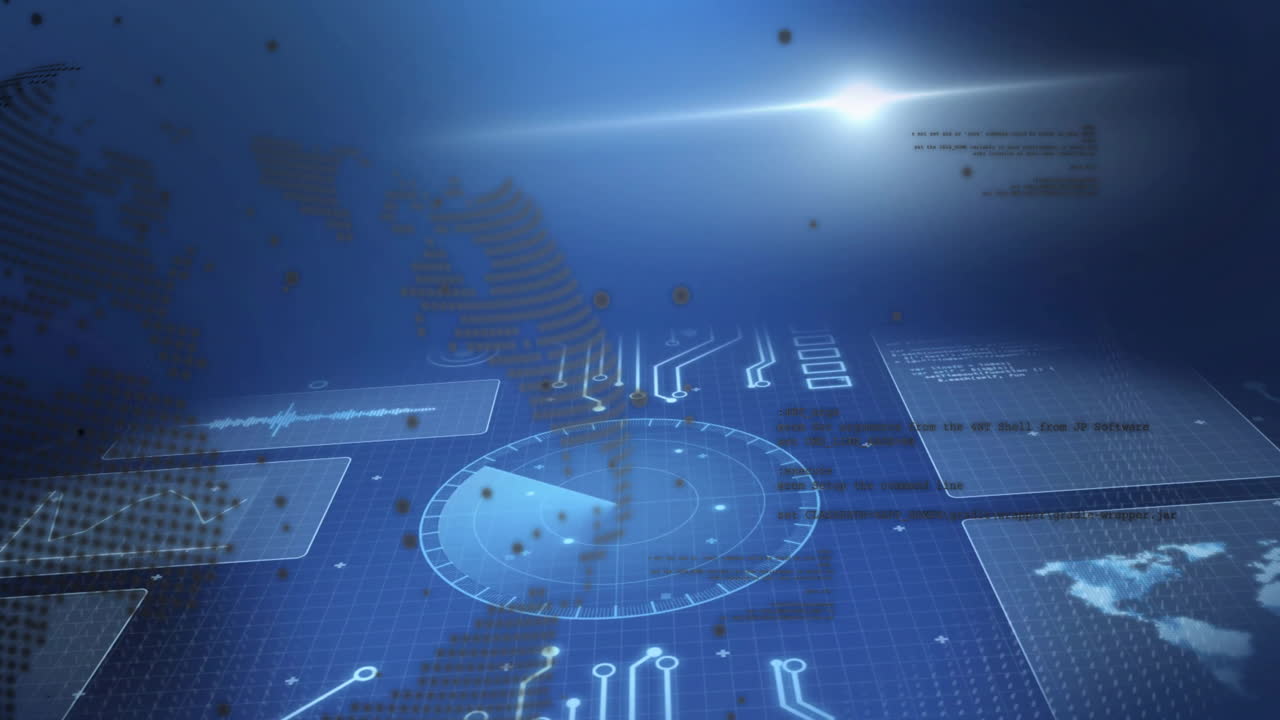Animation of digital circuit patterns and data visualization on blue futuristic background