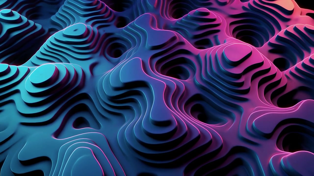 Paesaggio topografico 3D astratto con illuminazione blu neon e rosa