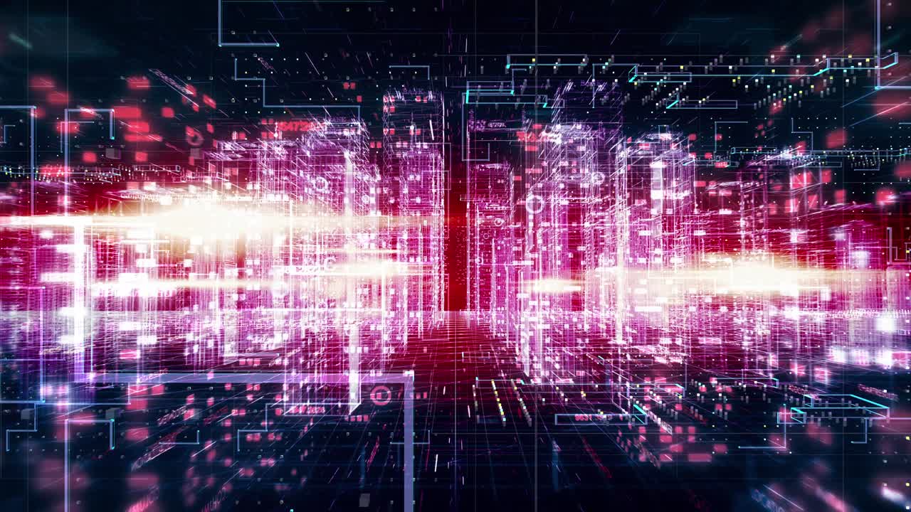 Abstract Digital City With Flying Circuits. Futuristic Matrix Seamless Loop.