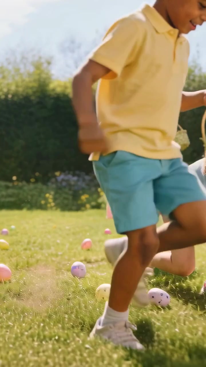 Niño corriendo con polo amarillo y pantalones cortos verde azulado, llevando una cesta tejida verde por el patio trasero, huevos pastel