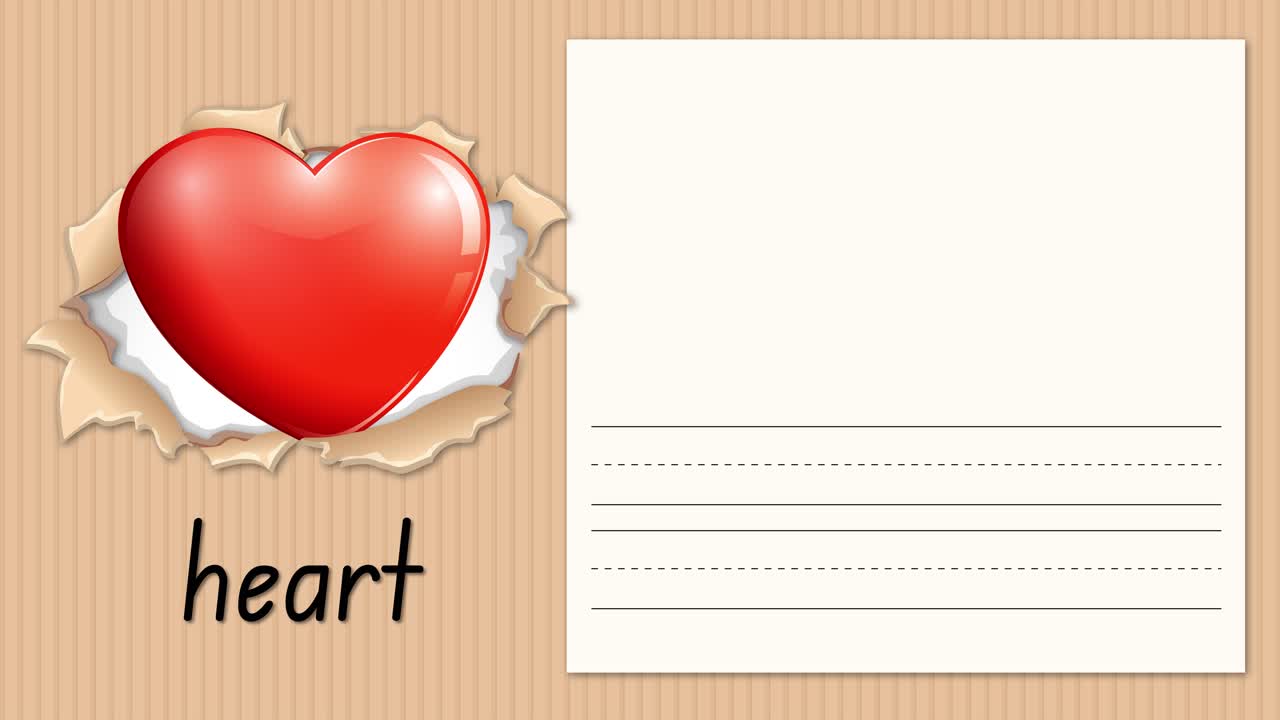 Lezione animata che dimostra come scrivere la lettera H accanto a un cuore rosso su uno sfondo di cartone