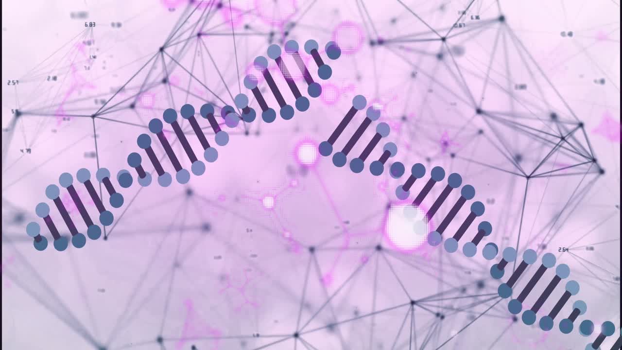 Red de fondo pulsando, segmentos de ADN deslizándose desde los bordes girando y fusionándose en una hélice unificada.