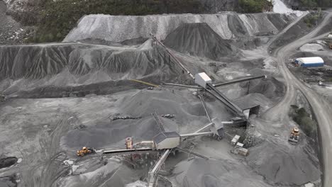 aerial view of limestone and quarry mining site for company visnes kalk as between molde and kristiansund in norway - aerial showing heavy machinery and equipment at job site