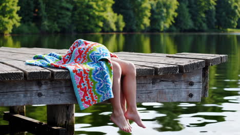 Person Relaxing on a Wooden Dock with Legs Dangling Over a Calm Lake