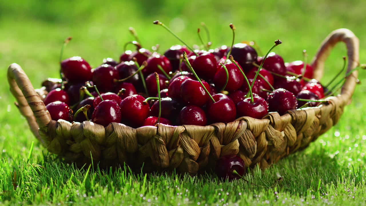 primer plano de las bayas de cerezas rojas tomar una mano de una cesta de pie en la hierba verde