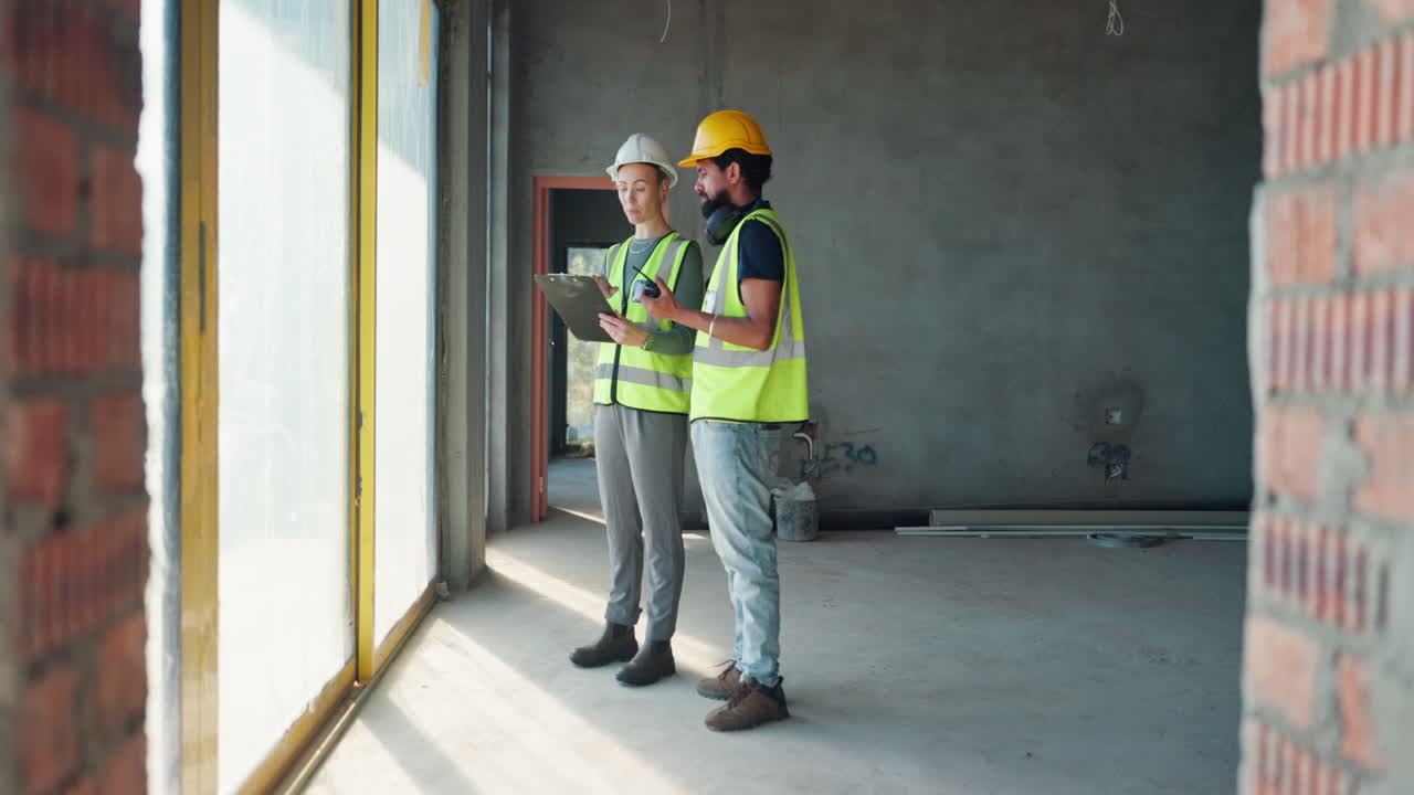 trabajadores de la construcción que revisan los planes del proyecto