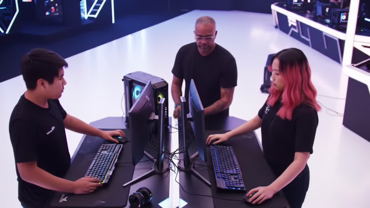 Un entorno de aprendizaje dinámico: participantes comprometidos colaboran e interactúan con la tecnología mientras configuran equipos de videojuegos en un espacio de juego moderno