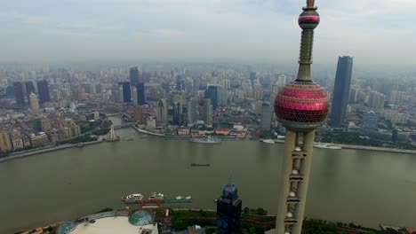 aerial view of oriental pearl tower and the bund of shanghai