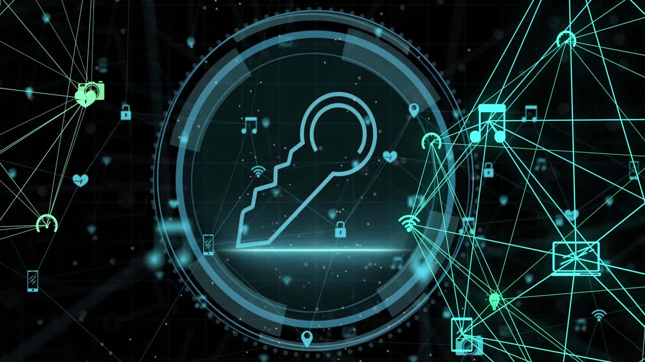 사이버 보안의 애니메이션과 검은색 배경에 연결의 네트워크를 통해 원의 열 ⁇