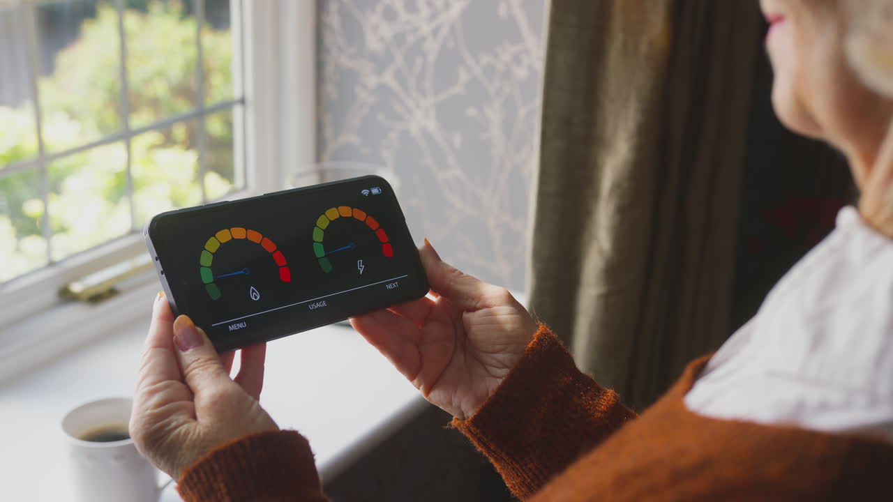 mujer mayor con medidor inteligente tratando de mantenerse caliente por radiador durante el costo de la vida crisis de energía