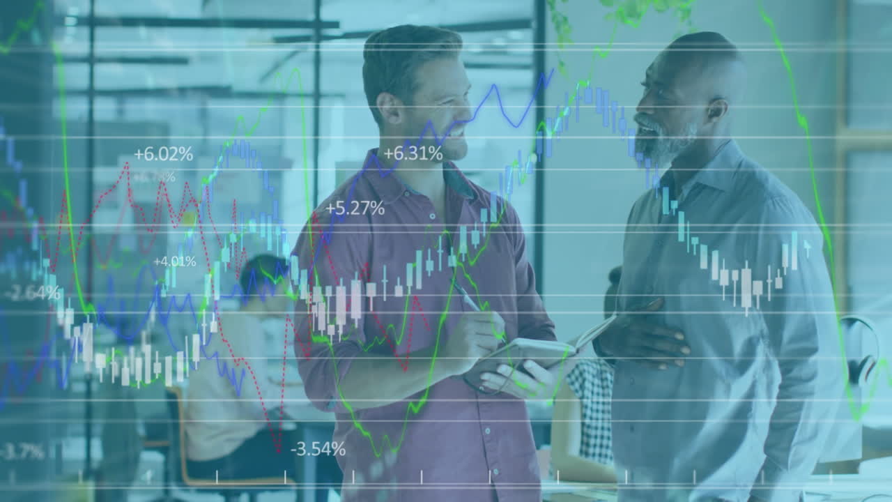 Animering av finansiella grafer och data över glada manliga kollegor med olika bakgrund.