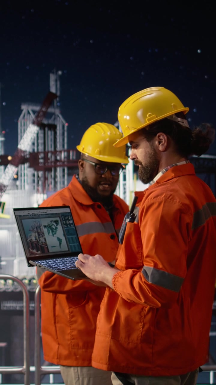 Vertical video Searching petrol reserves, global oil crisis and drilling ship engineering team