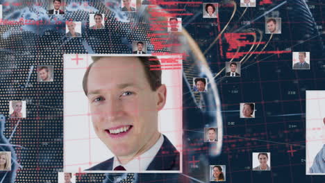 conexiones de microprocesadores a través de la red de iconos de perfil de negocios contra el globo y el procesamiento de datos