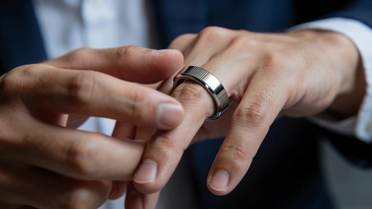 Right hand lifting silver ridged ring, man's cuffed hands in interior sliding and adjusting for fit