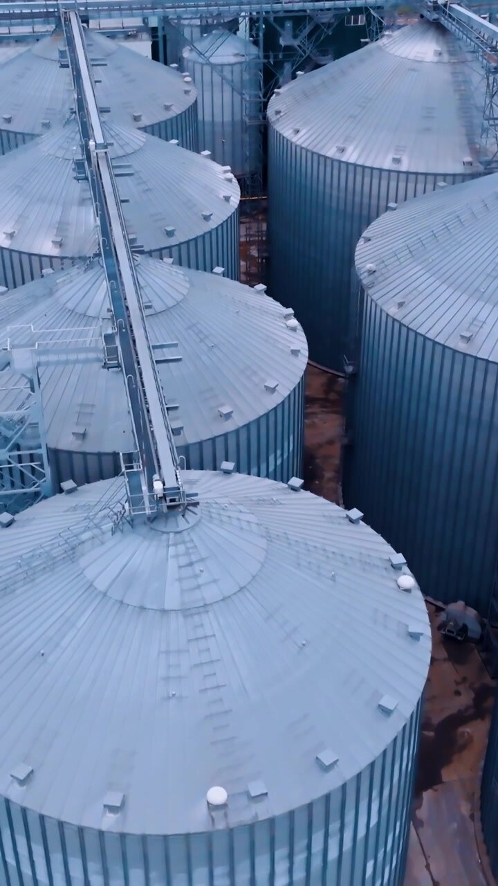 Quattro file di serbatoi per granaglie collegati da una passerella. Riprese con drone sopra la moderna impresa agricola per il commercio di cereali. Video verticale