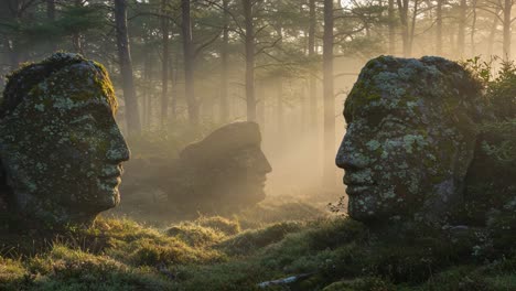 mysterious stone faces emerging from the mist in a serene forest landscape, surrounded by lush greenery and soft, ethereal light creating a dreamlike atmosphere