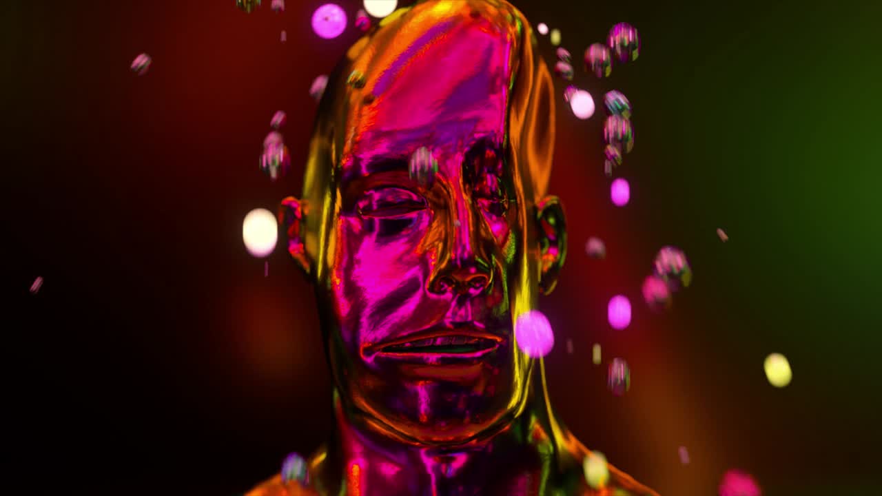 Funny 3D animation of a wrinkling soft metal face. The human chrome face is crumpled. Rest and relaxation concept. A shower from spheres pours on my head. 3d render of seamless loop.
