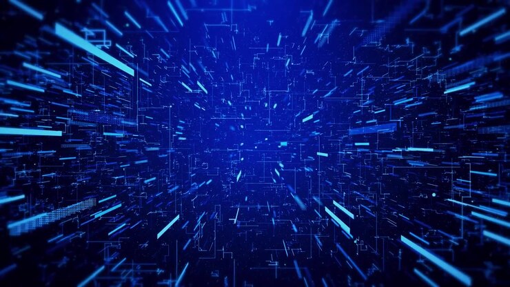 Visualizzazione di big data 4K, spazio di realtà virtuale 3D, VR, cyberspazio, concetto di criptovaluta, griglia