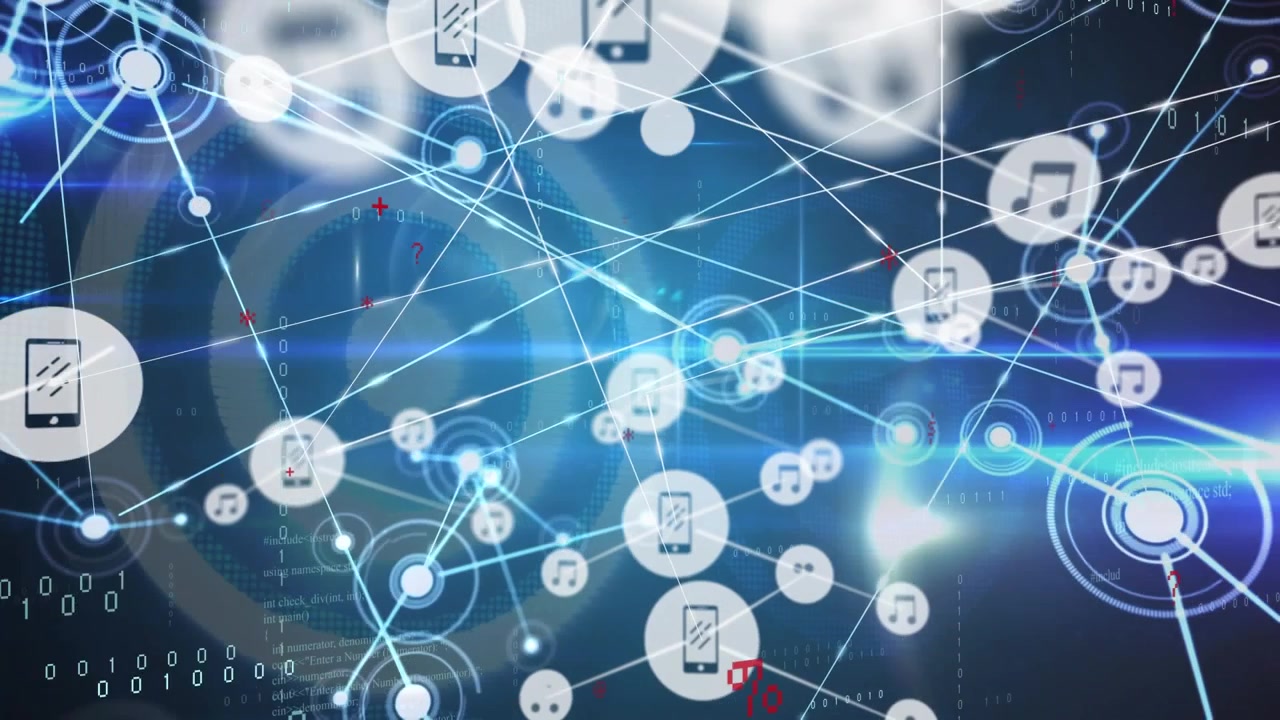 Animazione di una rete di connessioni con icone ed elaborazione dati su sfondo nero.