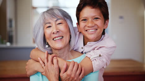 face, smile and child hug grandma in home