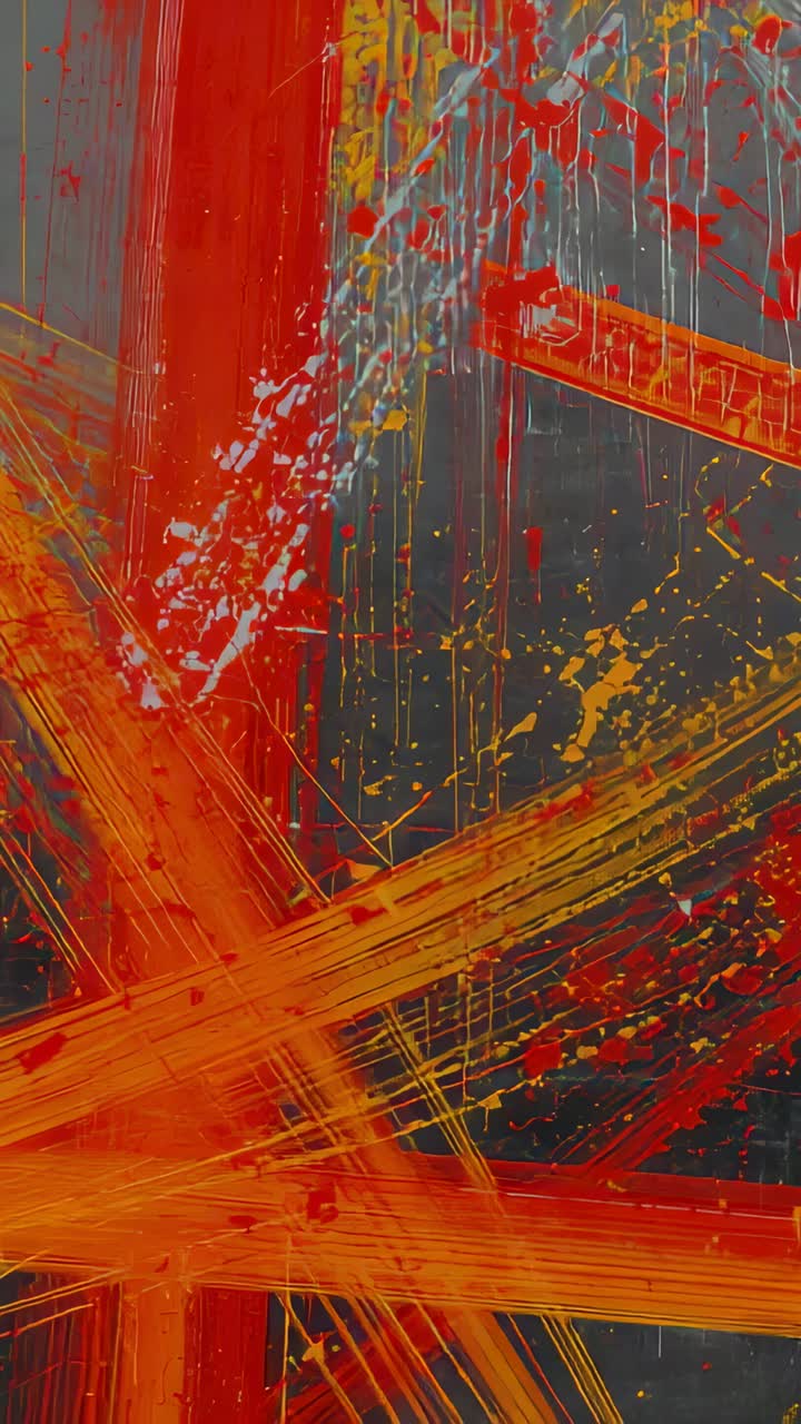 Vertical video: Panning camera right revealing canvas in studio with orange bars and silver drips