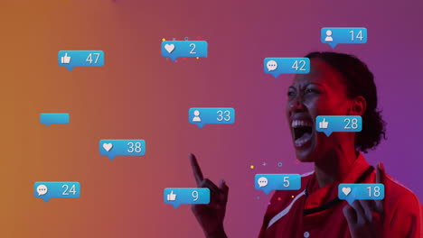 surrounded by animation of social media notifications, person expressing excitement