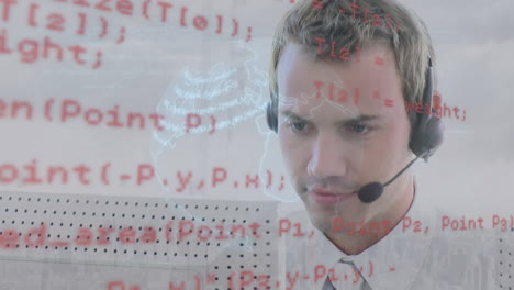 animación del globo y procesamiento de datos sobre hombre de negocios usando auriculares de teléfono