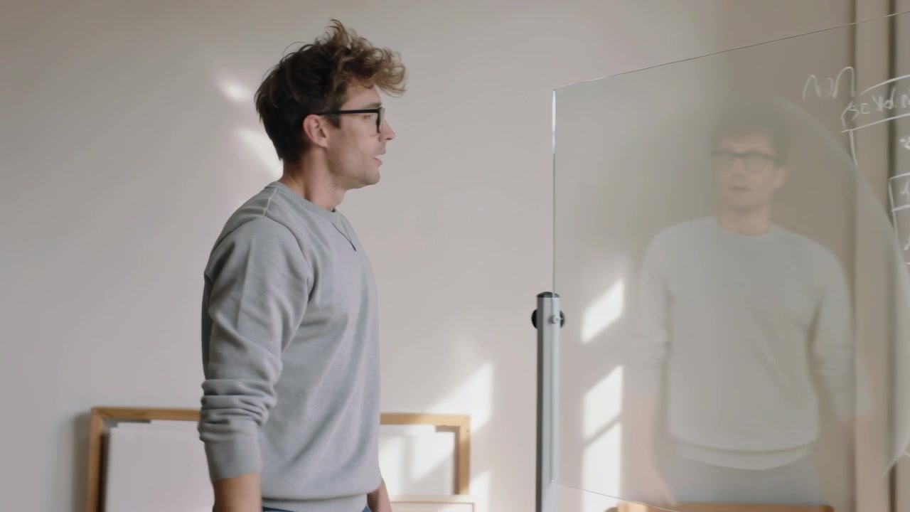 Homem de suéter, notando rabiscos de marcador, limpa um painel de vidro com um pano azul para uma reunião, com espaço para texto.