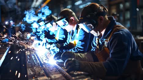 skilled workers welding metal parts in a factory during the night shift