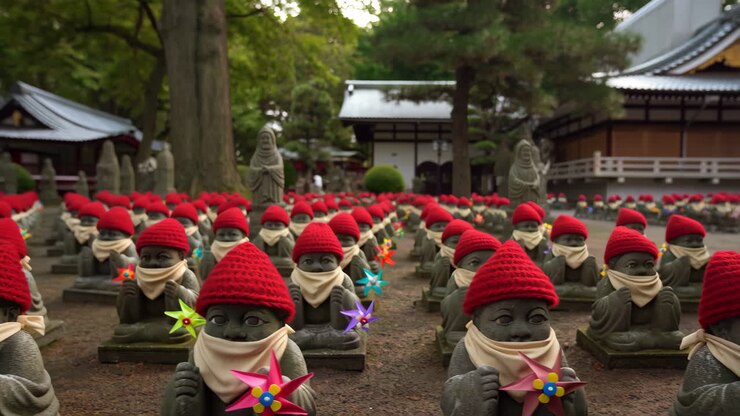 File di statue Jizo in un giardino di un tempio giapponese