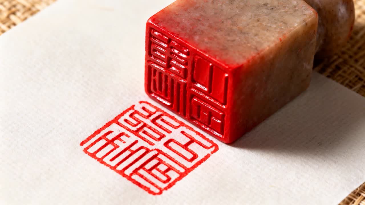 Pressing stone seal by hand, red carving leaving crisp square on paper marking document, copy space