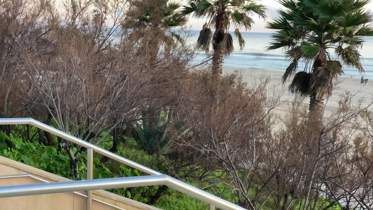 카르카벨로스 해변에 있는 사람들의 느린 동작, 천천히 파도가 형성되고 부서지고, 아름다운 대서양, 물 반사에 짙은 노란색 일몰, 포르투갈