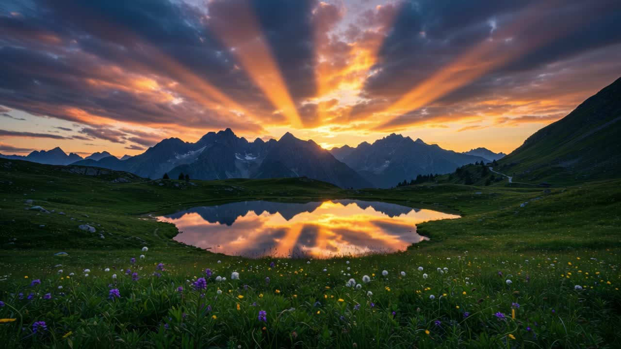 Witness the breathtaking beauty of a sunset illuminating a serene mountain lake. The vibrant rays of sunlight burst through the clouds, creating a stunning display of colors that reflect off the calm water. Surrounding the lake, wildflowers add splashes of color to the lush green landscape. This tra