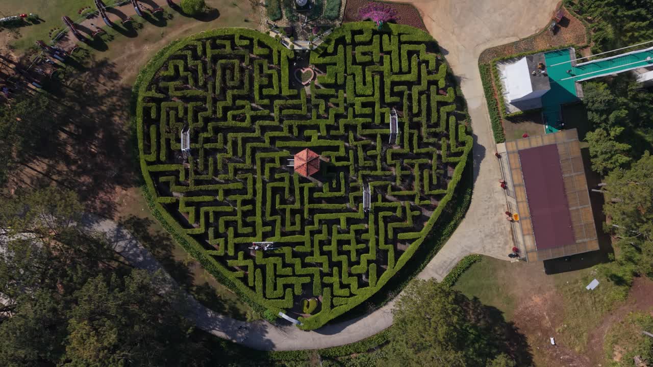 Aerial Heartshaped Hedge Maze Da Lat Vietnam Showing Lush Green Labyrinth, Central Gazebo, Winding Pathways, Surrounding Pine Trees And Adjacent Park Buildings, Tranquil