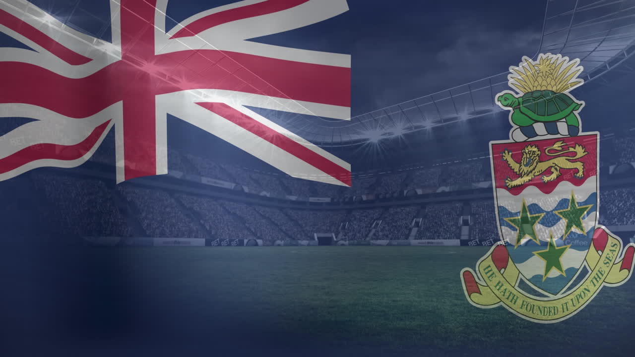 animación de la bandera de las islas caimán sobre un estadio deportivo