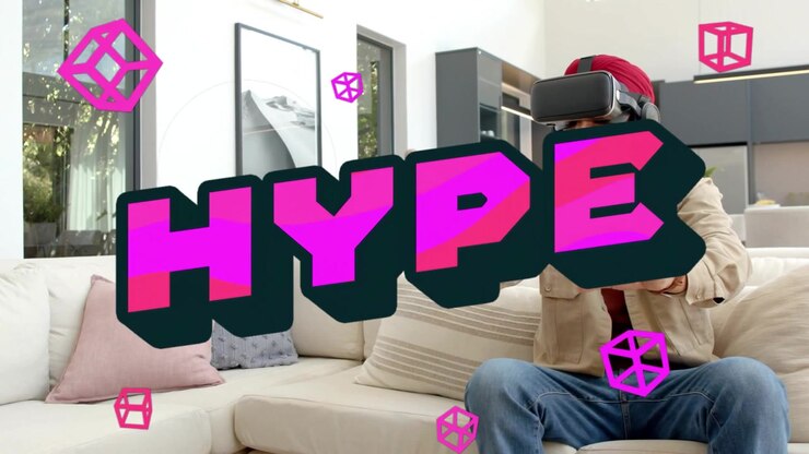 HYPE appearing, man with VR headset sitting on sofa reaching, grabbing magenta cubes for tech