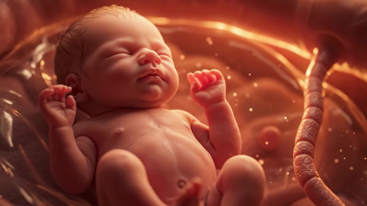 Un Momento Tranquillo: Un Viaggio Immaginario all'Interno dell'Utero, Mostrando un Bambino Sereno Circondato da Liquido Amniotico e un Cordone Ombelicale che Dà Vita.