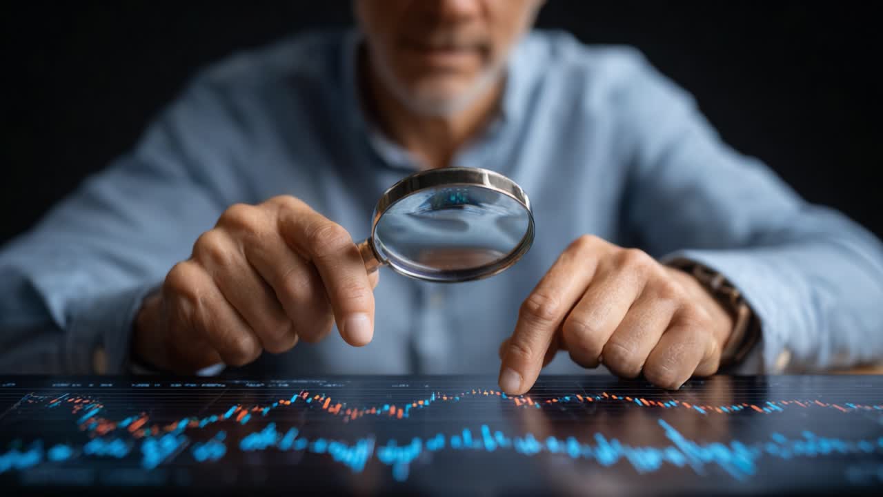 A Close Inspection of Data Trends: An Individual Analyzing Graphs with a Magnifying Glass to Uncover Insights and Patterns in Financial or Statistical Information
