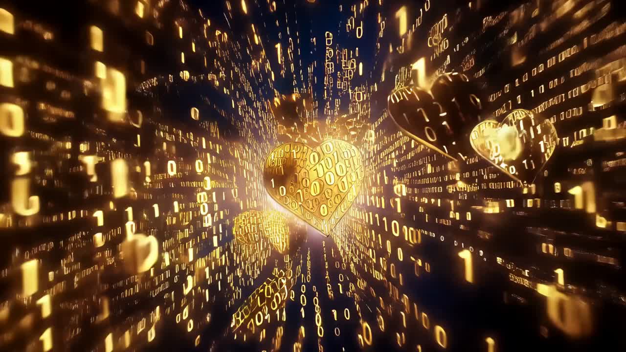 Telecamera in movimento che si avvicina a un cuore 3D dorato in un tunnel di dati per evidenziare il centro, flusso binario vorticante