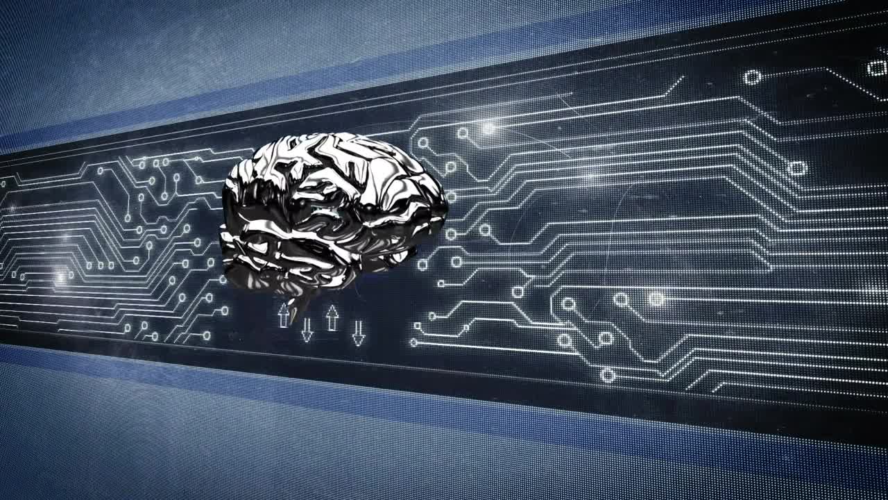 Metallic brain and computer circuit board on screen