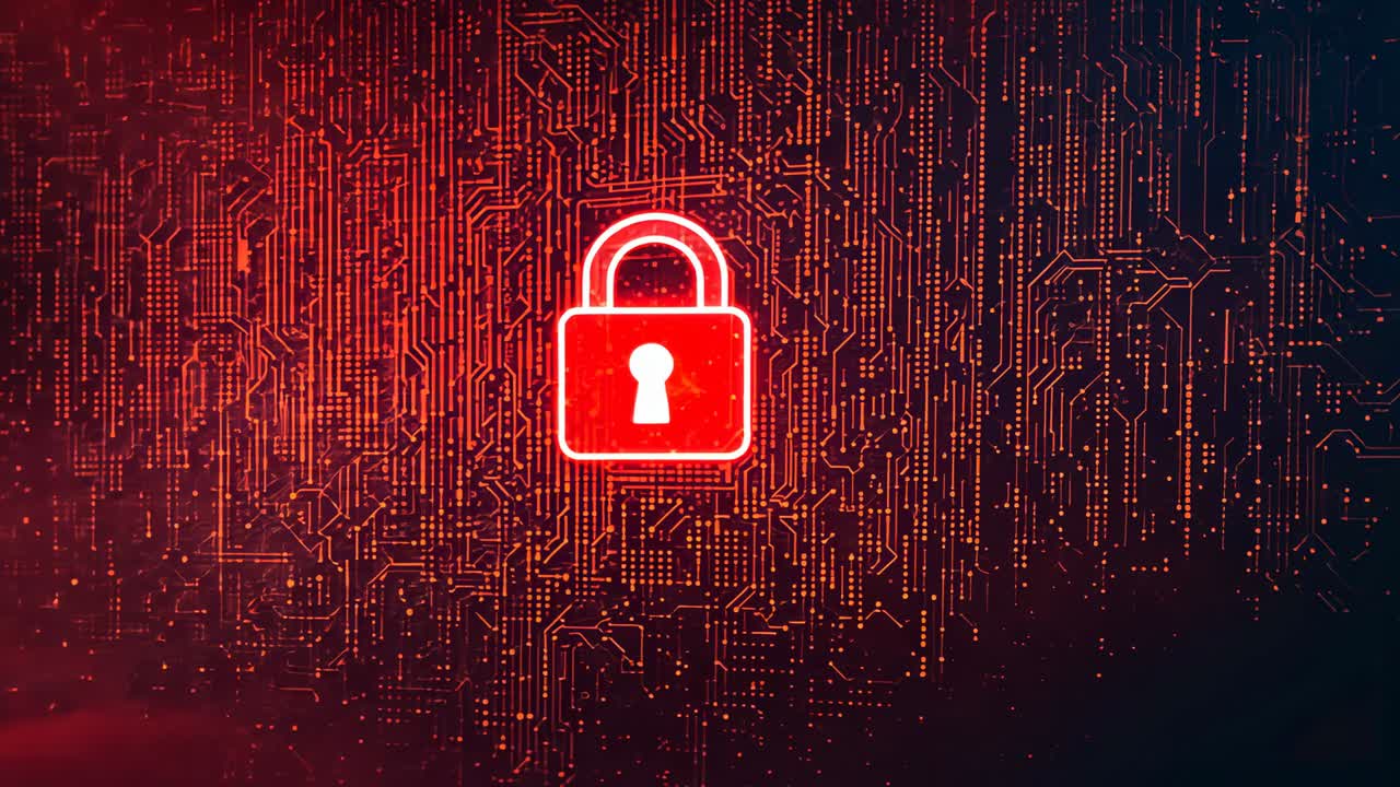 Circuitry brightening from red to orange, padlock fading into pulsing signaling secure data flow