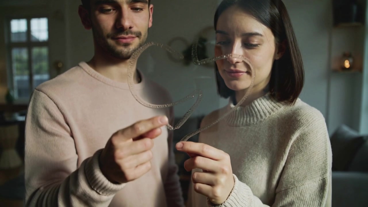 Una pareja da forma a un corazón de alambre en la sala de estar para decorar con tejidos, mostrando el adorno.