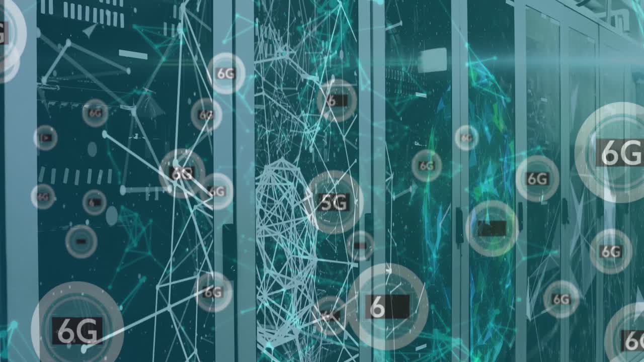 animación de formas y textos 6g sobre la sala del servidor