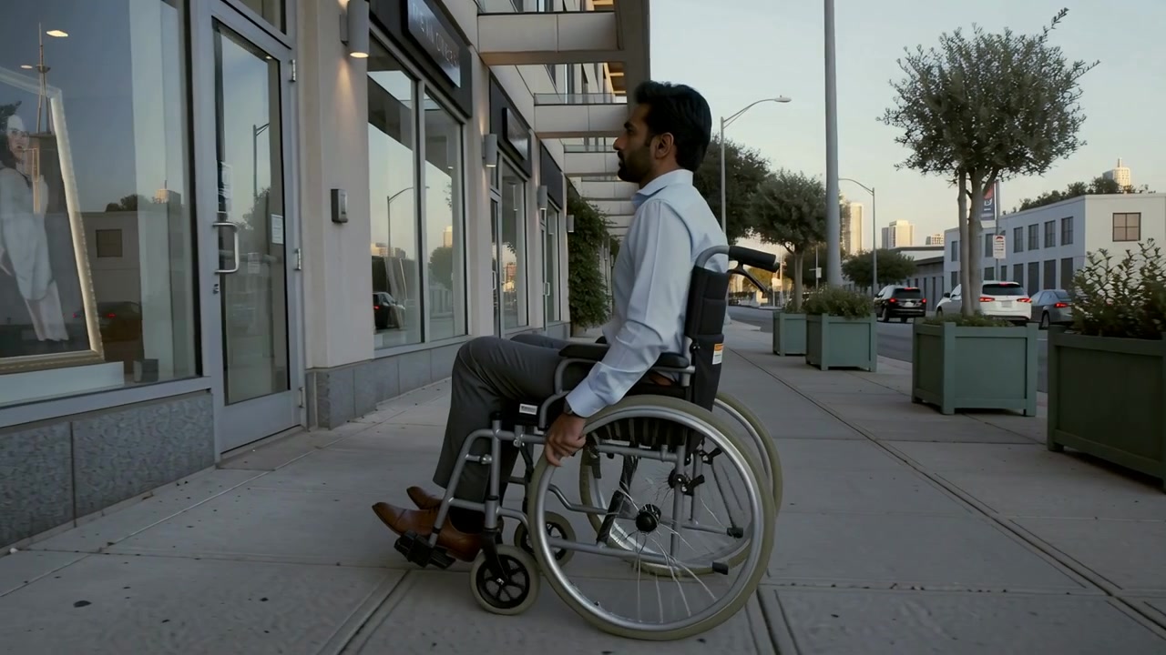 Rolling along sidewalk, man in manual wheelchair turning to window, pushing rim, viewing in shirt