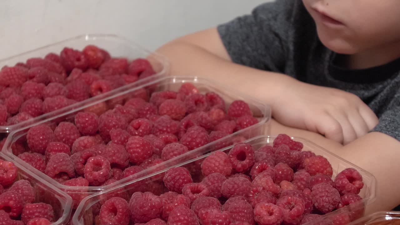 Boy eating raspberries