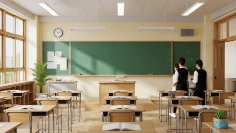 a serene classroom setting featuring empty desks and a green chalkboard, with natural light illuminating the space, creating a perfect environment for learning and creativity