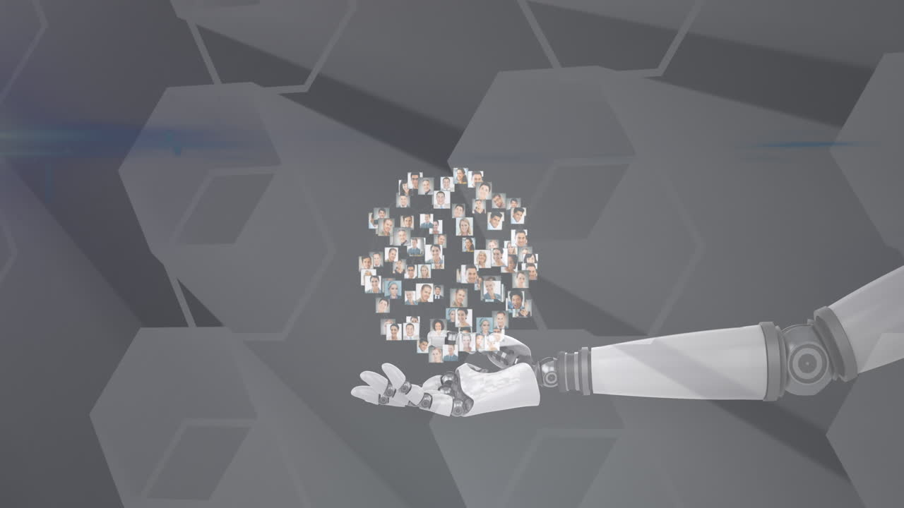 animación de globo de red de conexiones con fotos de personas sobre el brazo del robot